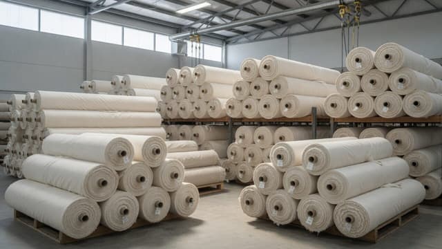 Pallets of white greige fabric rolls stacked in a mill warehouse