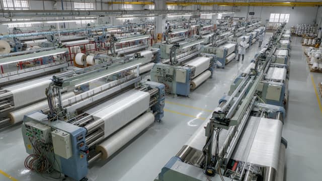 Rows of waterjet looms running white cloth in a weaving shed
