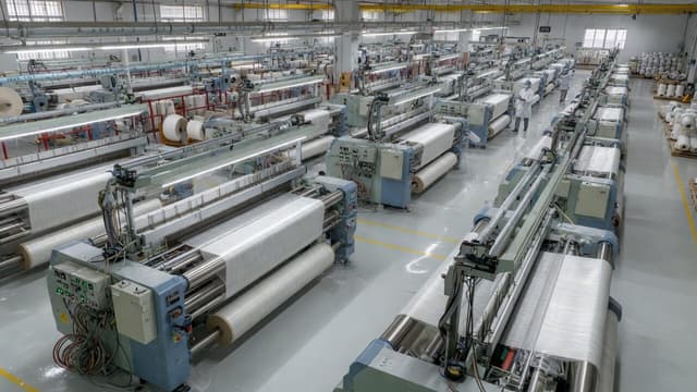 Rows of waterjet looms running white cloth in a weaving shed