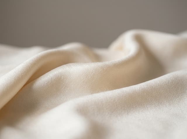 Smooth soft-finished polyester face—the mill's drape alternative for buyers arriving with a viscose query. Spun PET, not regenerated cellulose.