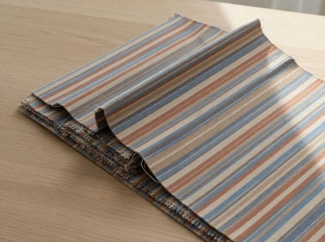 Yarn-dyed stripe cloth — denier describes the yarn in the stripe, not the cloth's grams per square meter.