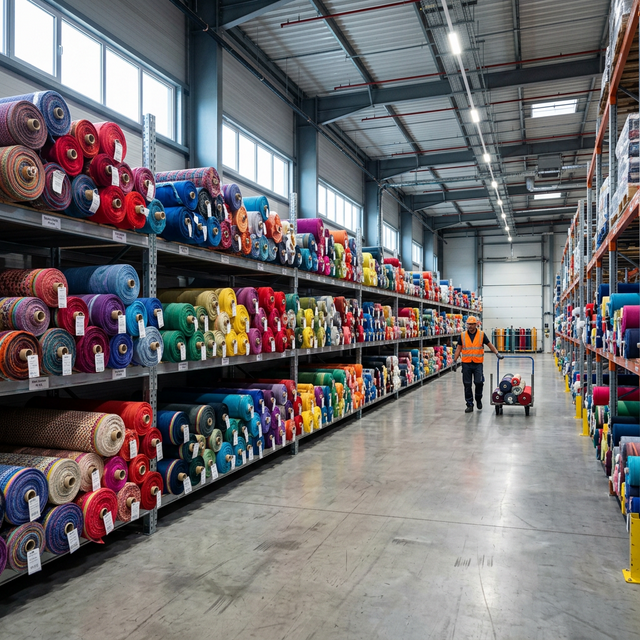 Rows of colorful polyester fabric rolls in a modern textile warehouse